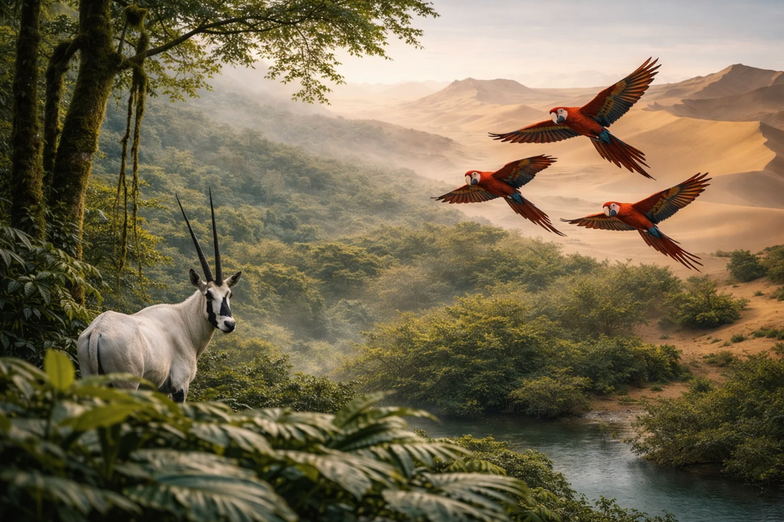 Guacamayas escarlata y un oryx en un paisaje que representa la diversidad natural que inspira a Pura Vida Souqs.