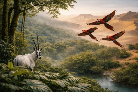 Guacamayas escarlata y un oryx en un paisaje que representa la diversidad natural que inspira a Pura Vida Souqs.