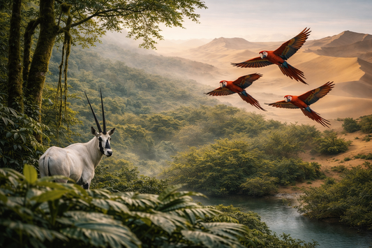 Scarlet macaws and an oryx in a landscape representing the natural diversity that inspires Pura Vida Souqs.
