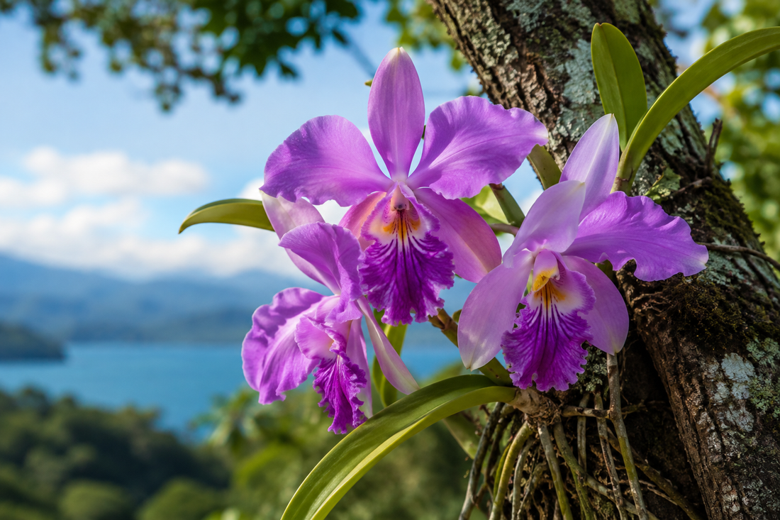 Guaria Morada (Guarianthe skinneri), la flor nacional de Costa Rica, floreciendo sobre un árbol en un paisaje tropical.