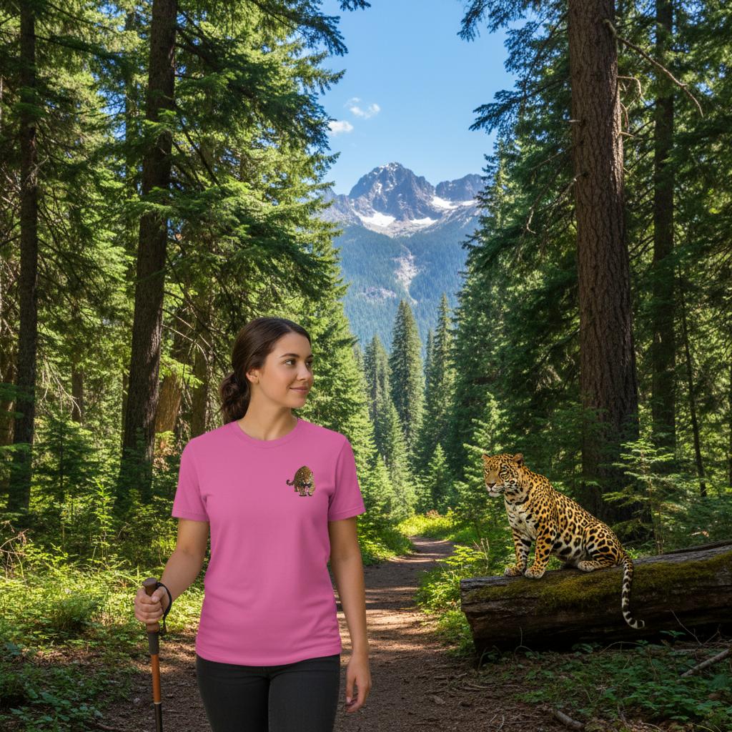 Woman wearing a pink t-shirt with a jaguar print, hiking on a forest trail with mountains in the background.