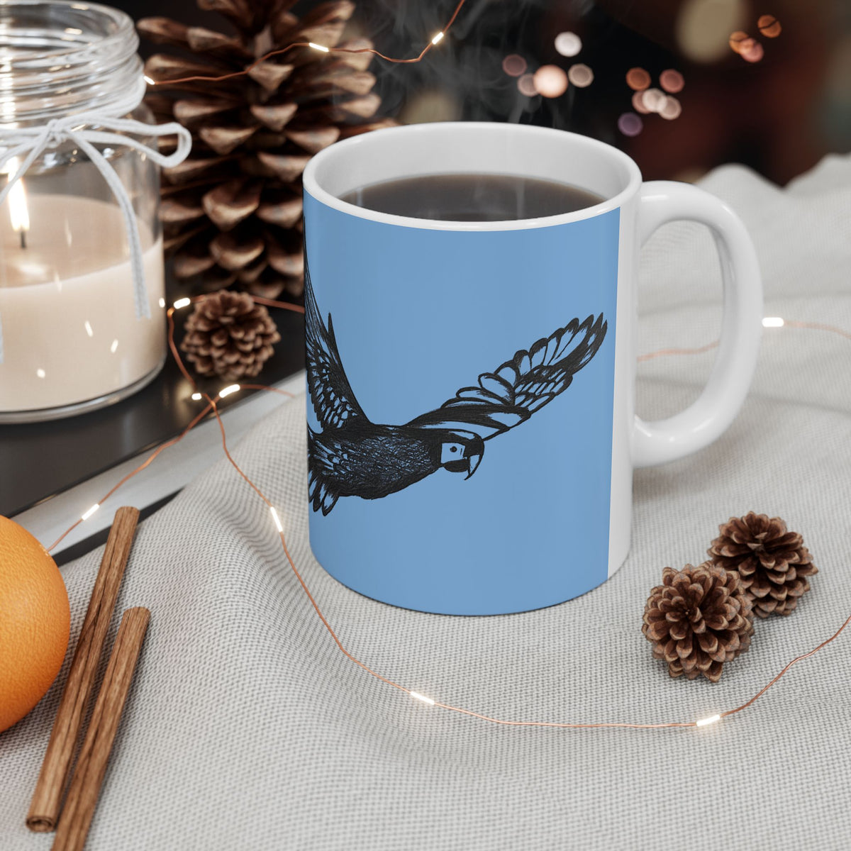 Scarlet Macaw Coffee Mug – Hand-Drawn Costa Rica Wildlife Art, Blue Ceramic Cup