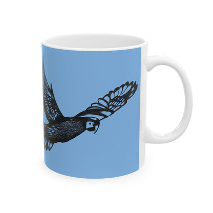 Scarlet Macaw Coffee Mug – Hand-Drawn Costa Rica Wildlife Art, Blue Ceramic Cup