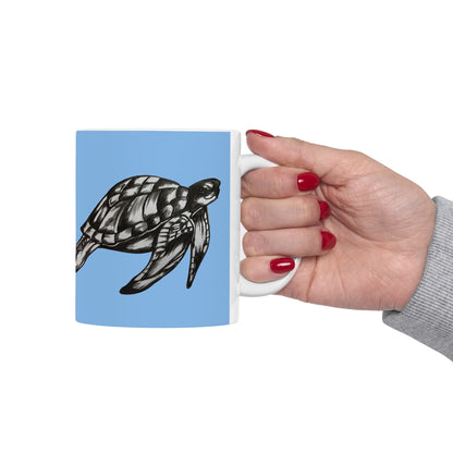 Leatherback Sea Turtle Coffee Mug – Original Hand-Drawn Wildlife Art, Blue Ceramic Cup