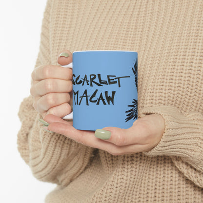 Scarlet Macaw Coffee Mug – Hand-Drawn Costa Rica Wildlife Art, Blue Ceramic Cup
