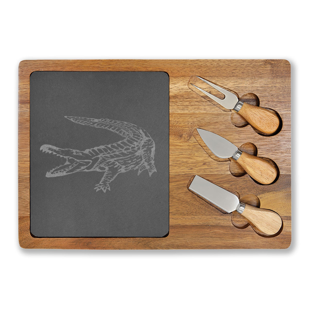 American Crocodile Engraved Acacia Wood Charcuterie Board with Cheese Tools – Costa Rica Wildlife
