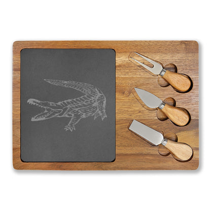 American Crocodile Engraved Acacia Wood Charcuterie Board with Cheese Tools – Costa Rica Wildlife