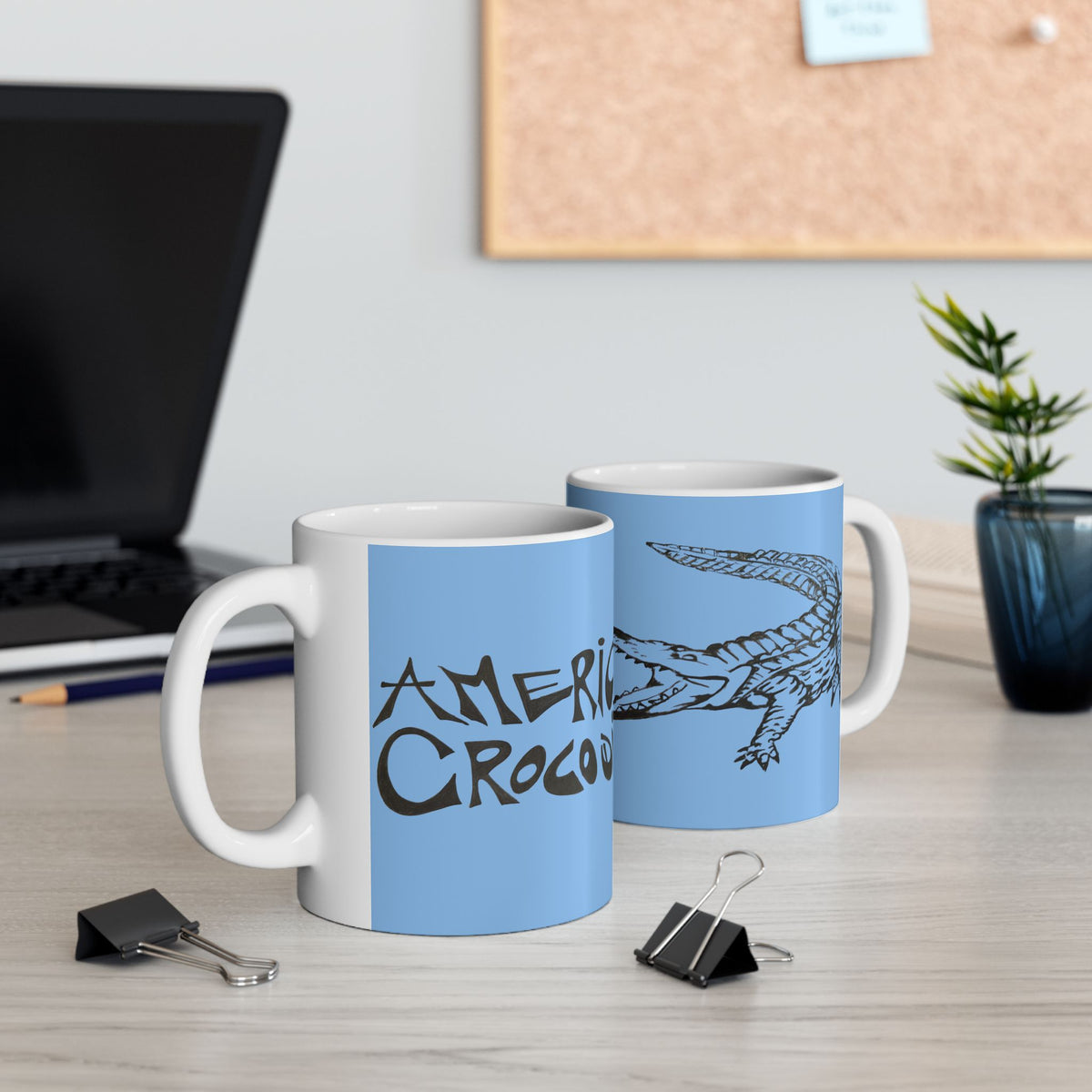 American Crocodile Coffee Mug – Original Hand-Drawn Costa Rica Wildlife Art, Blue Ceramic Cup