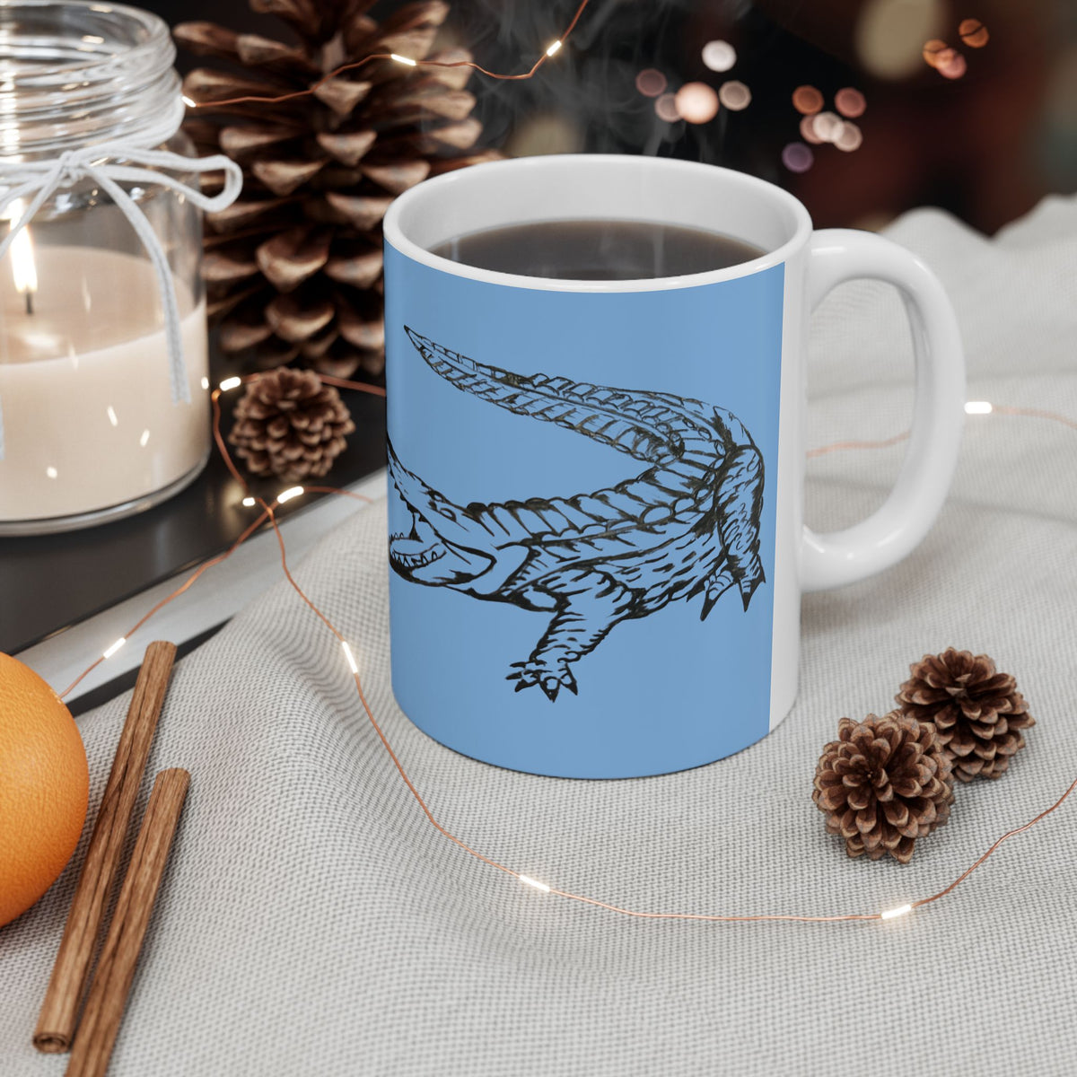 American Crocodile Coffee Mug – Original Hand-Drawn Costa Rica Wildlife Art, Blue Ceramic Cup