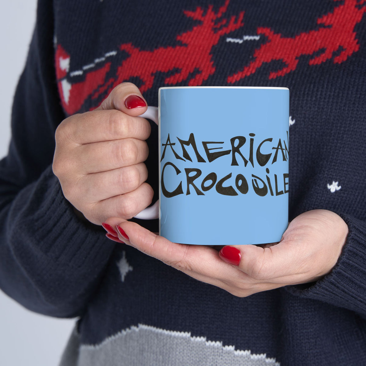American Crocodile Coffee Mug – Original Hand-Drawn Costa Rica Wildlife Art, Blue Ceramic Cup