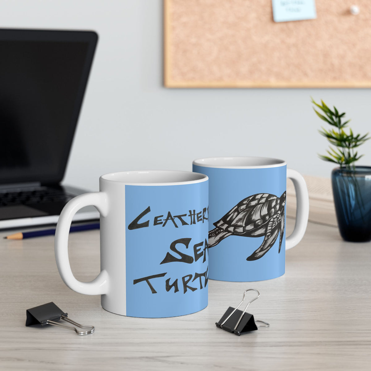 Leatherback Sea Turtle Coffee Mug – Original Hand-Drawn Wildlife Art, Blue Ceramic Cup
