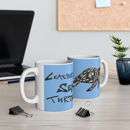 Leatherback Sea Turtle Coffee Mug – Original Hand-Drawn Wildlife Art, Blue Ceramic Cup