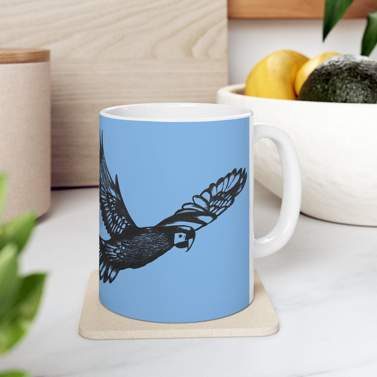 Scarlet Macaw Coffee Mug – Hand-Drawn Costa Rica Wildlife Art, Blue Ceramic Cup