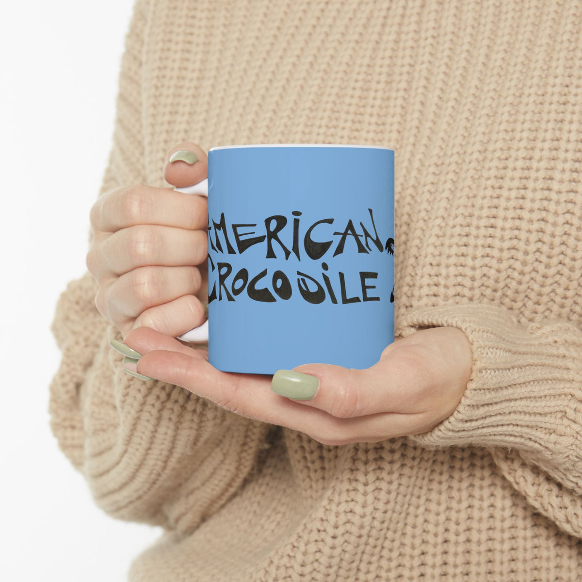 American Crocodile Coffee Mug – Original Hand-Drawn Costa Rica Wildlife Art, Blue Ceramic Cup