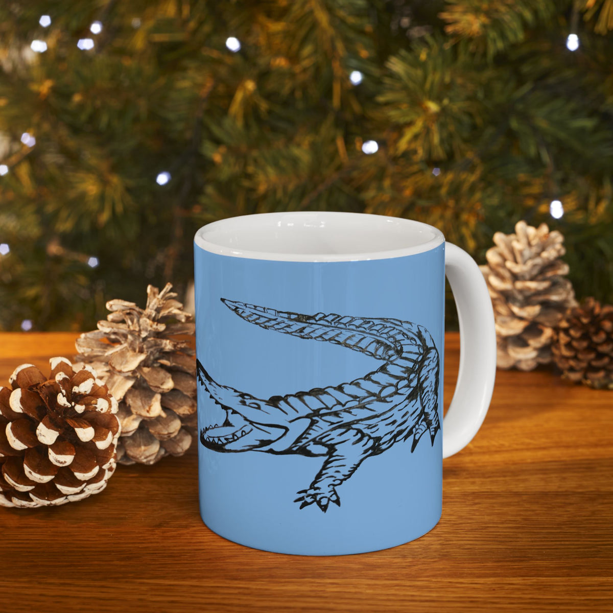 American Crocodile Coffee Mug – Original Hand-Drawn Costa Rica Wildlife Art, Blue Ceramic Cup