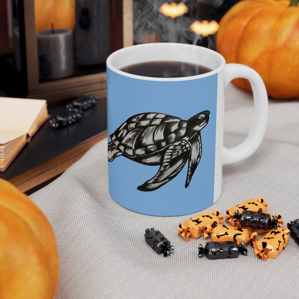 Leatherback Sea Turtle Coffee Mug – Original Hand-Drawn Wildlife Art, Blue Ceramic Cup