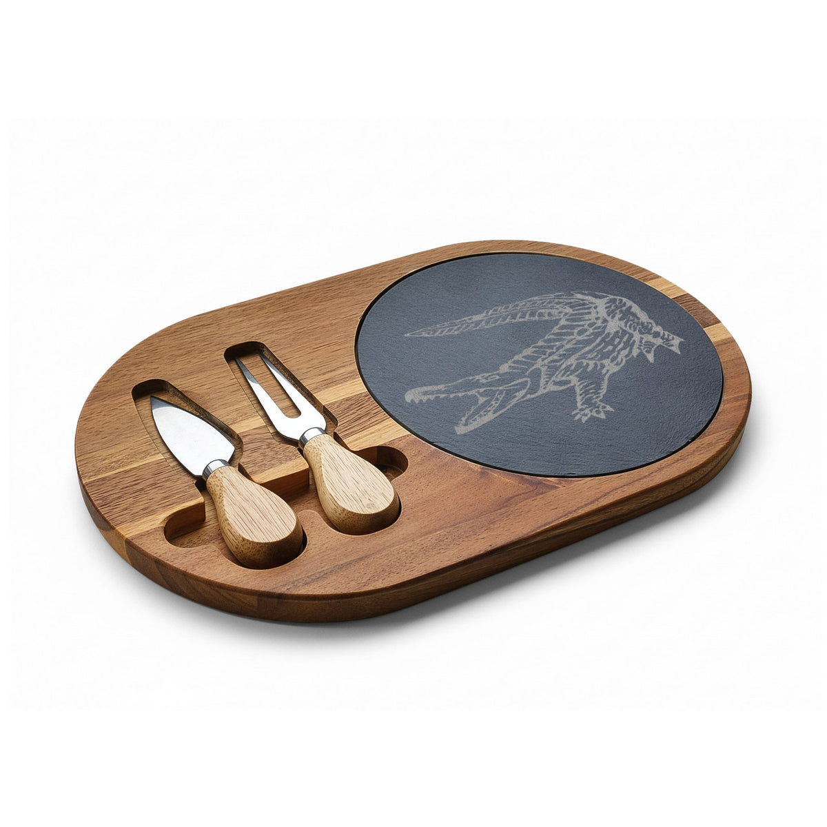 American Crocodile Engraved Acacia Wood Charcuterie Board with Cheese Tools – Costa Rica Wildlife