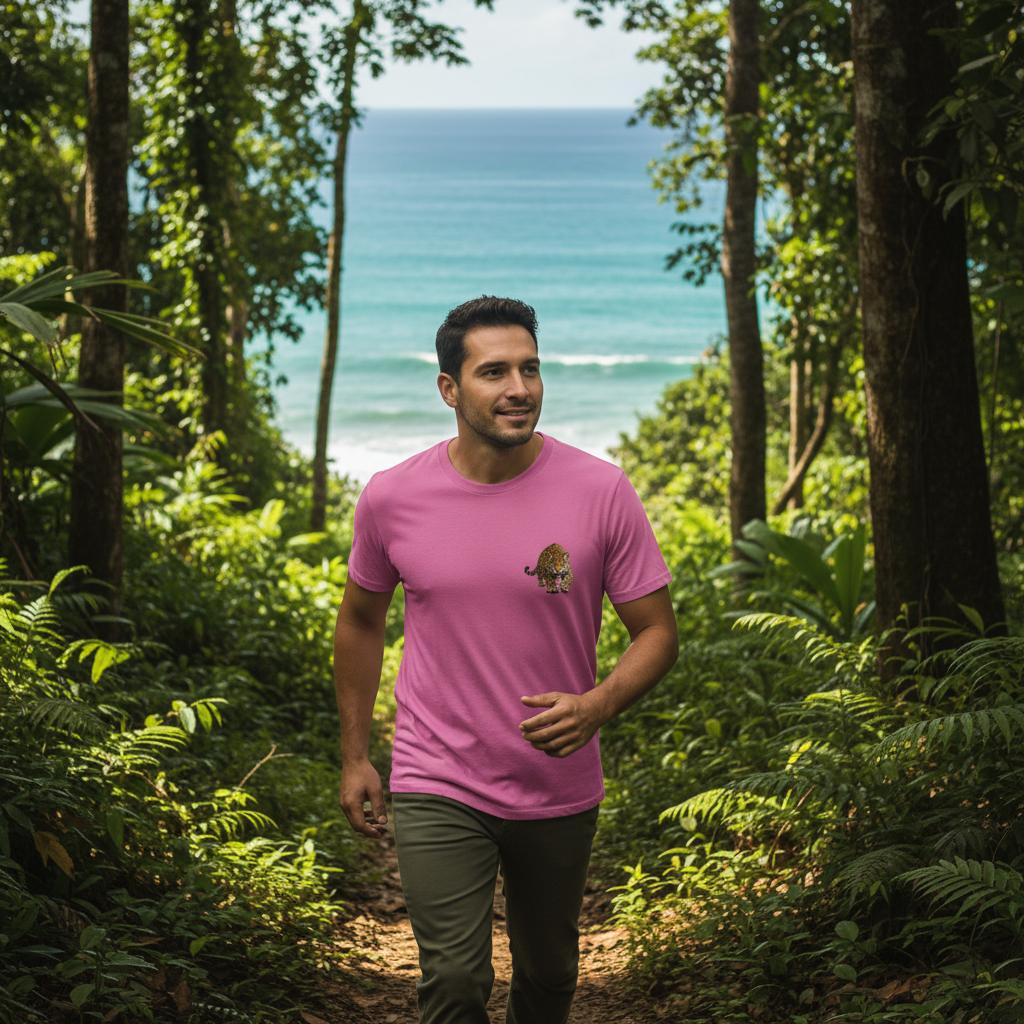 Man wearing pink Jaguar t-shirt in Costa Rica rainforest with ocean view, wildlife design apparel