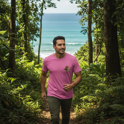 Man wearing pink Jaguar t-shirt in Costa Rica rainforest with ocean view, wildlife design apparel