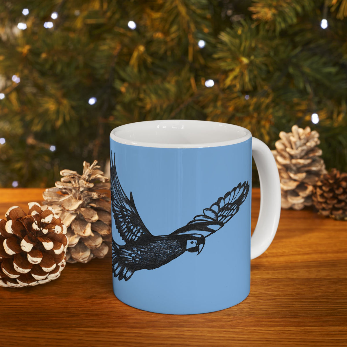 Scarlet Macaw Coffee Mug – Hand-Drawn Costa Rica Wildlife Art, Blue Ceramic Cup