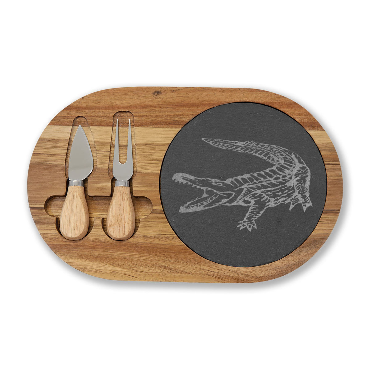 American Crocodile Engraved Acacia Wood Charcuterie Board with Cheese Tools – Costa Rica Wildlife