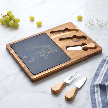 American Crocodile Engraved Acacia Wood Charcuterie Board with Cheese Tools – Costa Rica Wildlife
