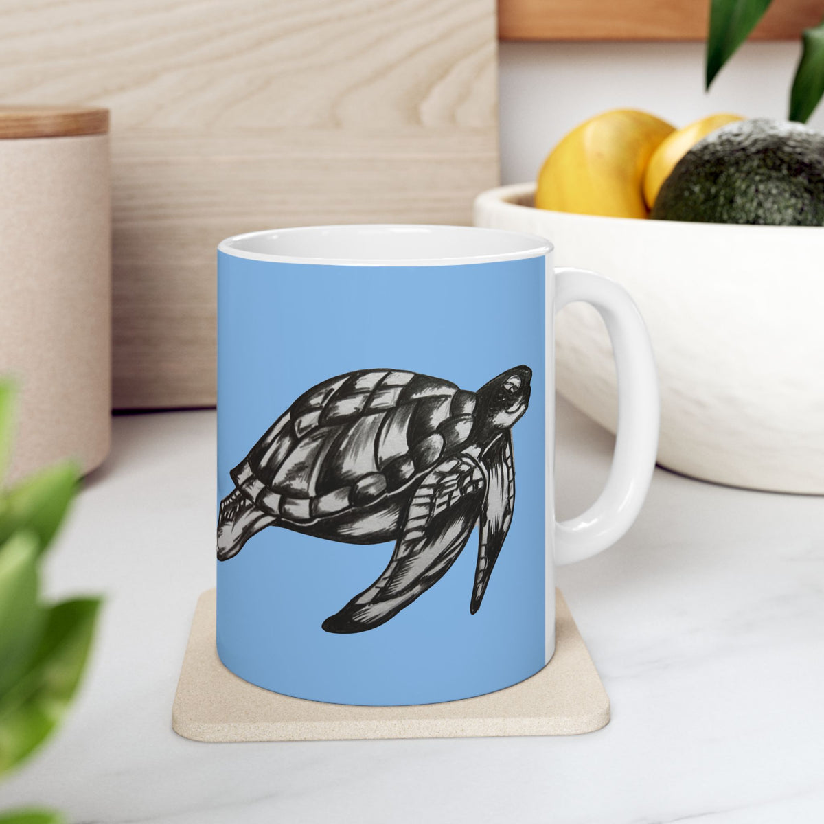 Leatherback Sea Turtle Coffee Mug – Original Hand-Drawn Wildlife Art, Blue Ceramic Cup