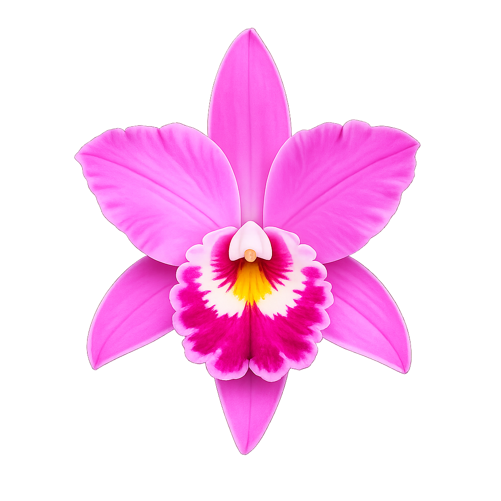 A single pink Guaria Morada orchid flower centered on a plain white background, with a bright magenta center, white ring, and yellow throat. National flower of CR.