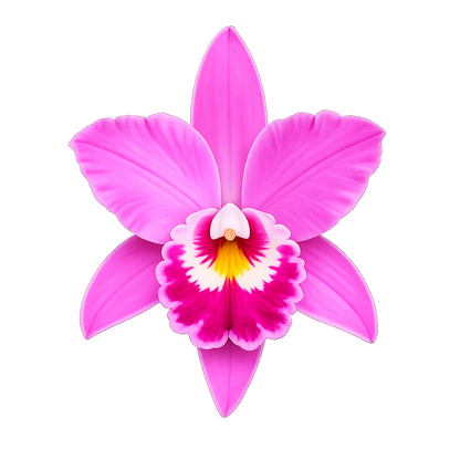 A single pink Guaria Morada orchid flower centered on a plain white background, with a bright magenta center, white ring, and yellow throat. National flower of CR.
