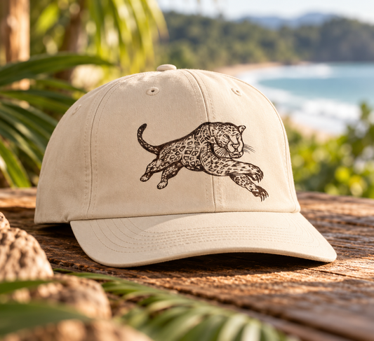 Jaguar Surf Cotton Cap – Hand-Drawn Wildlife Art | Adjustable Snapback Hat