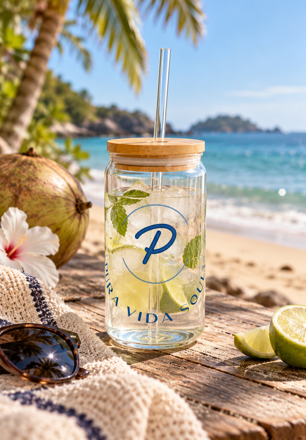 Pura Vida Souqs Sipper Glass – Reusable Drinking Glass with Bamboo Lid & Straw