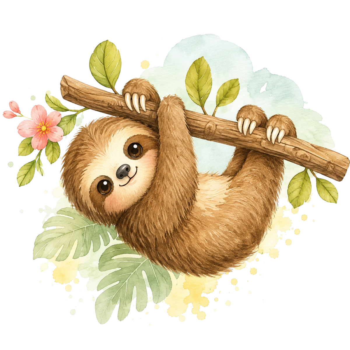 A cute watercolor illustration of a brown sloth hanging from a branch with green leaves and a pink flower, set against a white background with soft yellow and blue-green watercolor splashes.