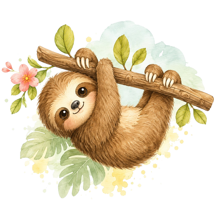 A cute watercolor illustration of a brown sloth hanging from a branch with green leaves and a pink flower, set against a white background with soft yellow and blue-green watercolor splashes.