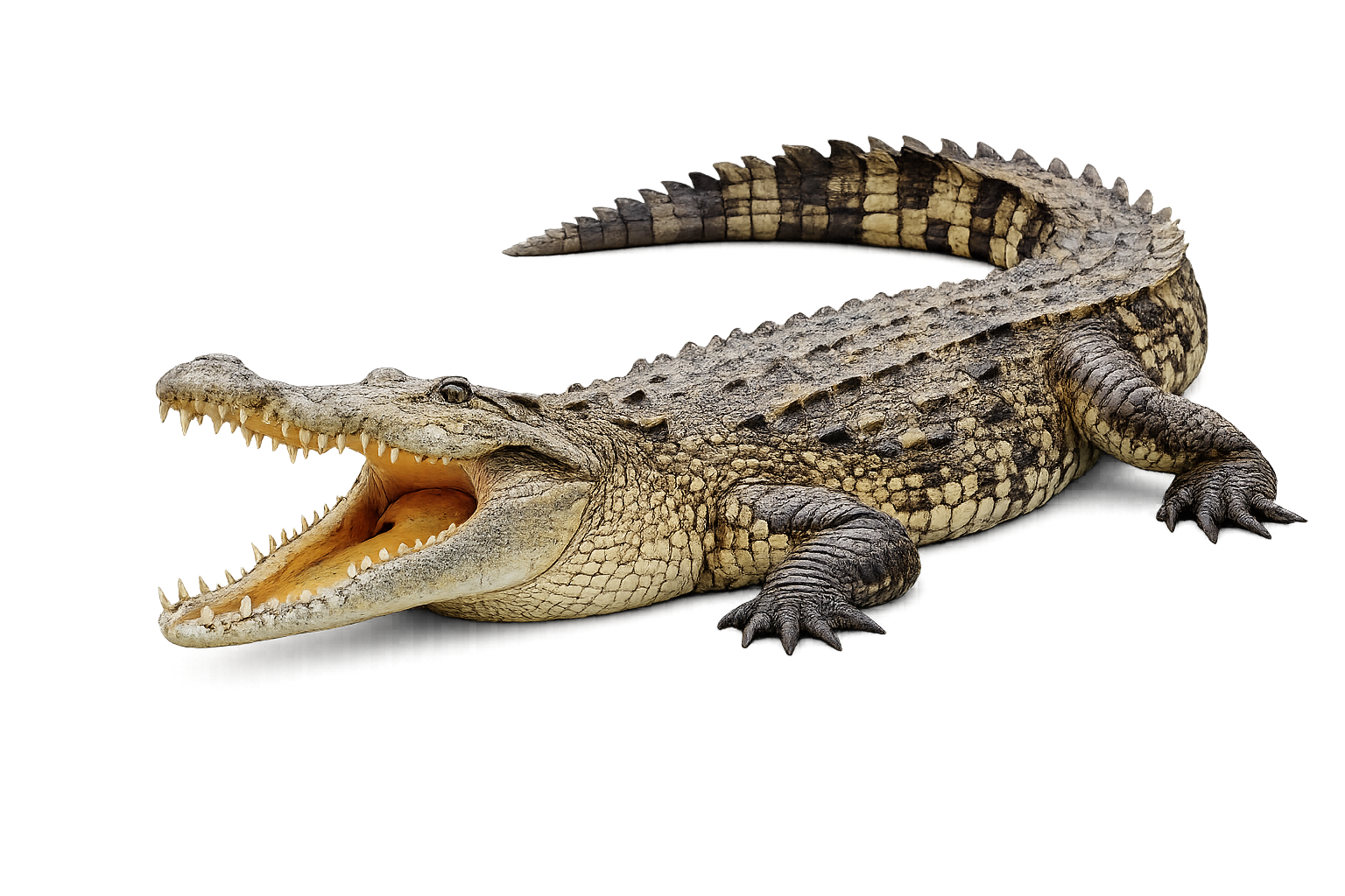 A realistic crocodile toy or model shown on a plain white background with its mouth wide open, revealing sharp teeth and a yellow-orange interior.