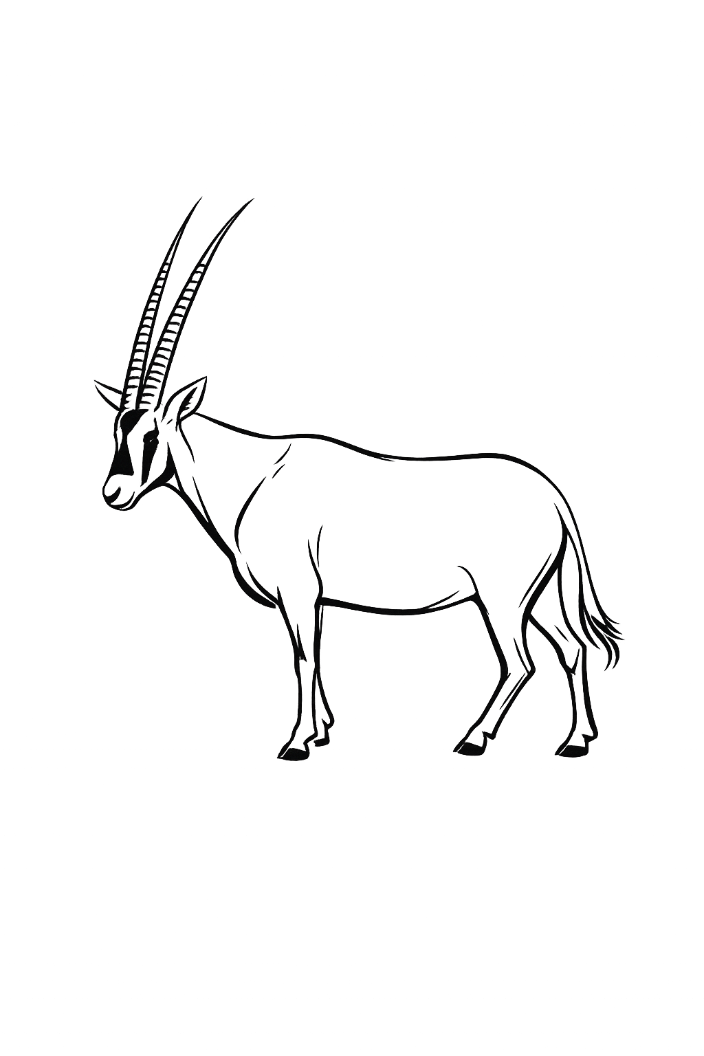 Black line art illustration of an oryx antelope with long, straight horns, shown in profile on a solid white background.