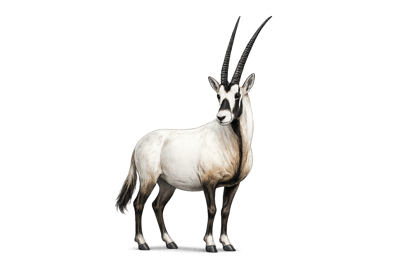 


A detailed illustration of a gazelle with long, curved black horns, a white body, and black and brown markings, set against a solid white background.