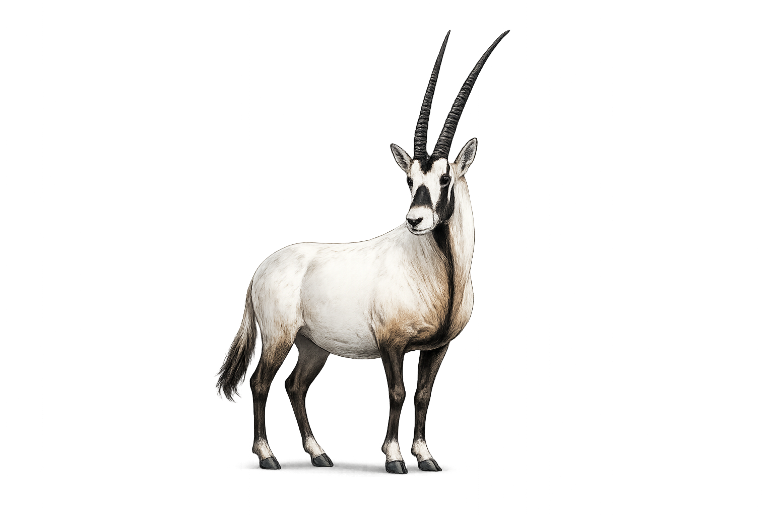 


A detailed illustration of a gazelle with long, curved black horns, a white body, and black and brown markings, set against a solid white background.