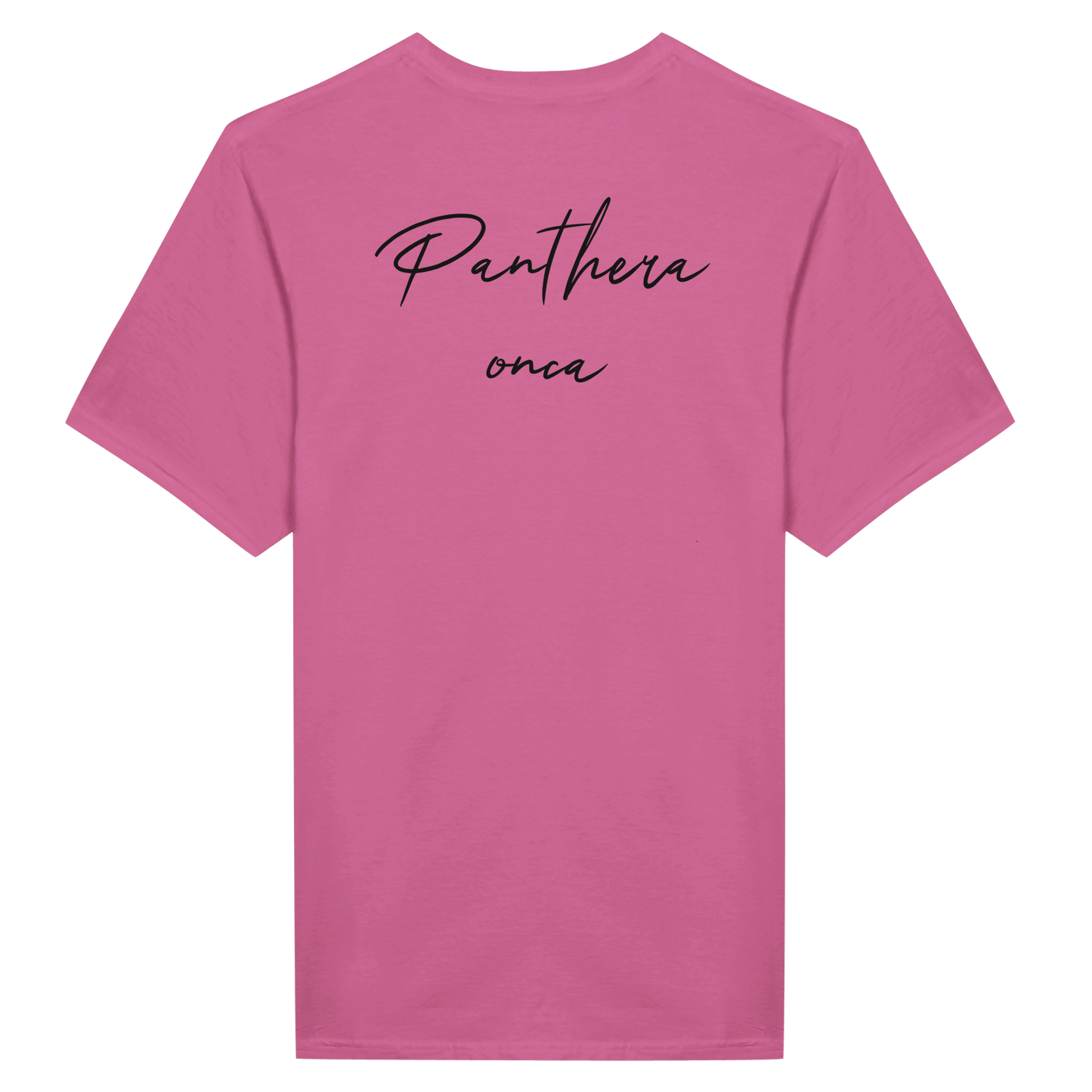 Pink t-shirt with 'Panthera onca' written in cursive script on the back.