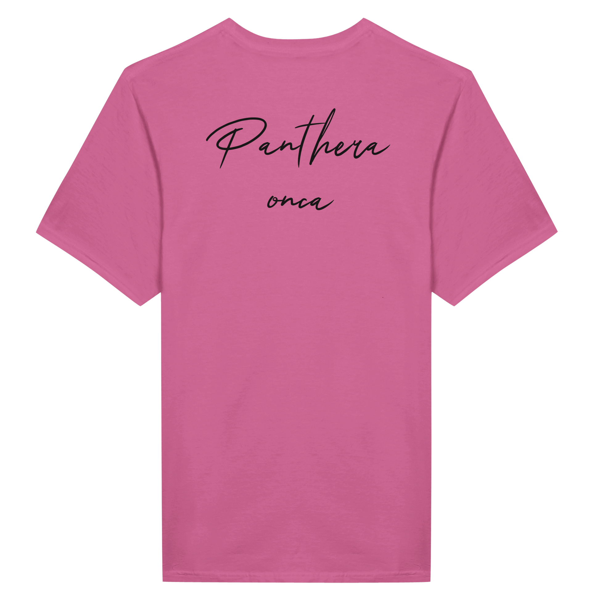 Pink t-shirt with 'Panthera onca' written in cursive script on the back.
