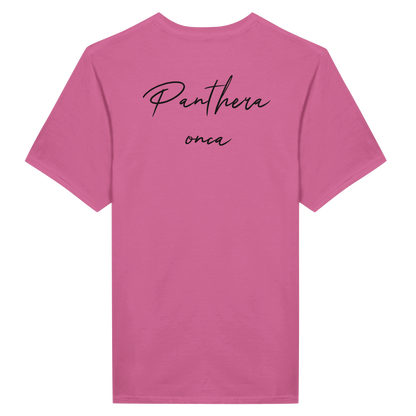 Pink t-shirt with 'Panthera onca' written in cursive script on the back.