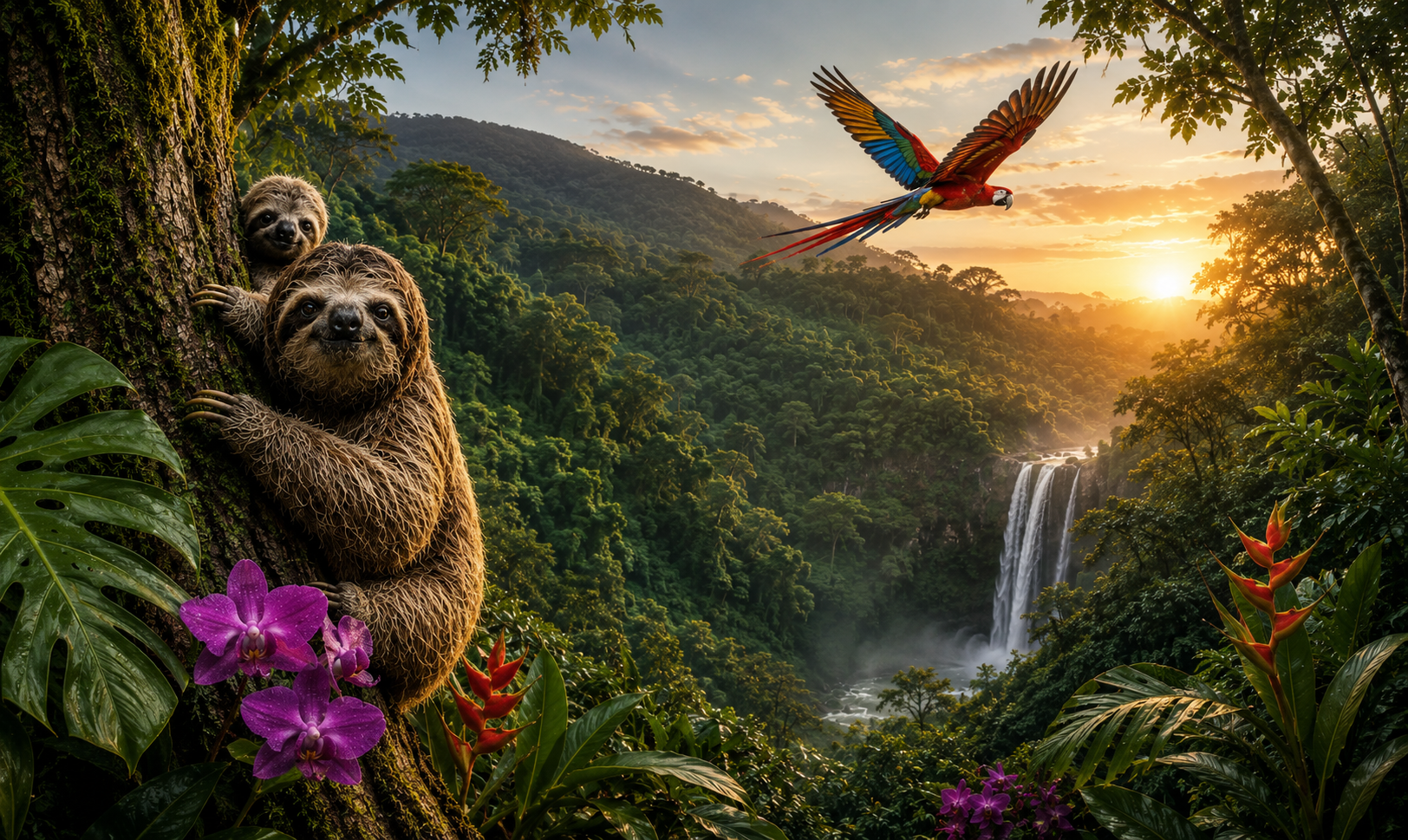 A lush tropical jungle landscape at sunset with a mother and baby sloth clinging to a tree, a colorful macaw flying overhead, a waterfall in the valley, and bright flowers in the foreground.