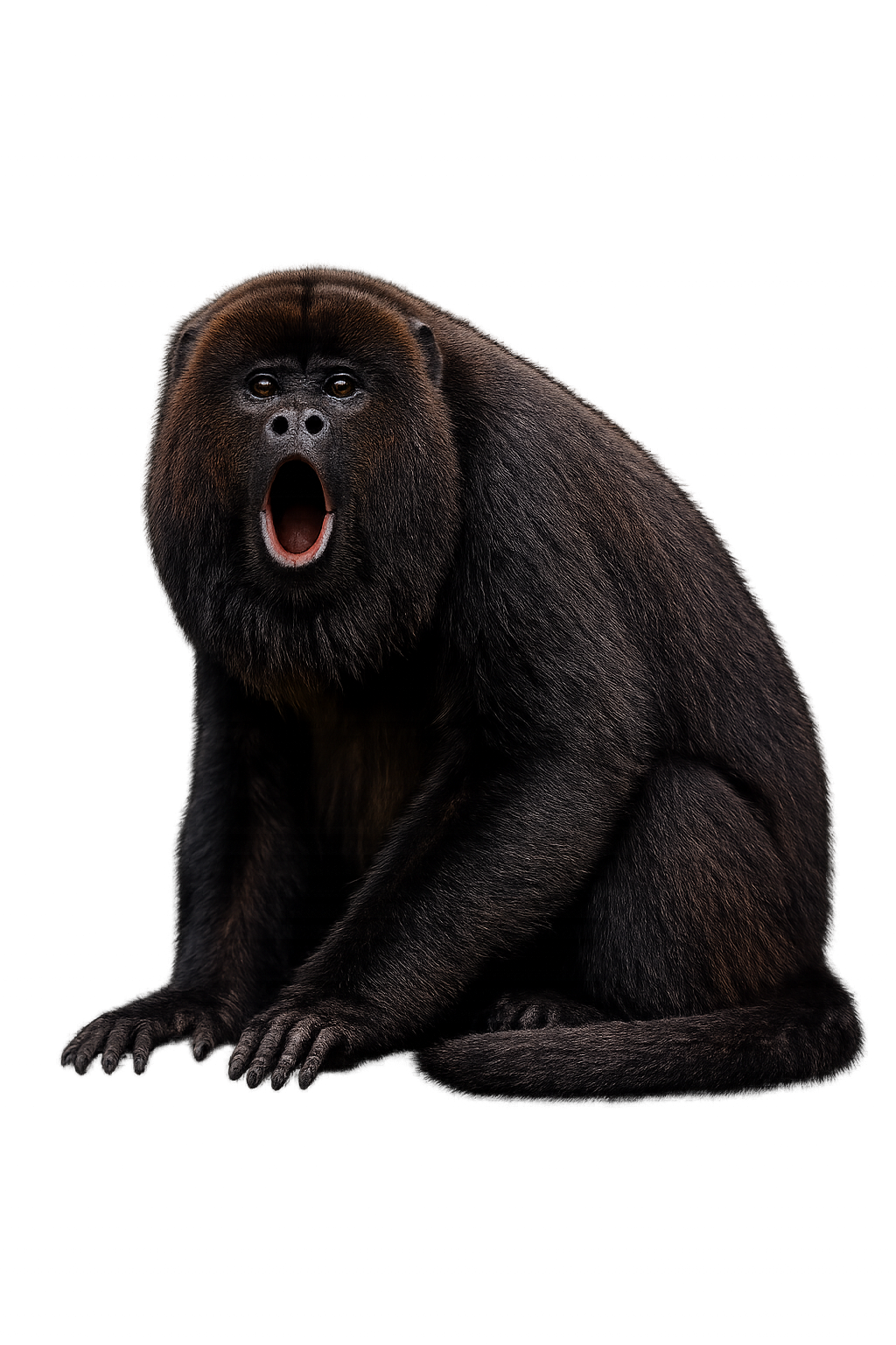 A dark-furred monkey with its mouth open, shown against a solid black background.