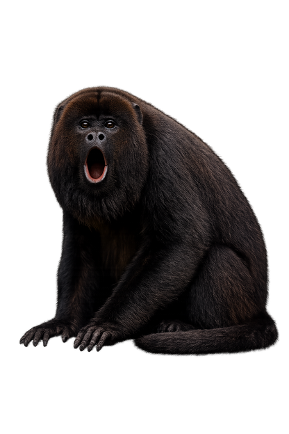 A dark-furred monkey with its mouth open, shown against a solid black background.