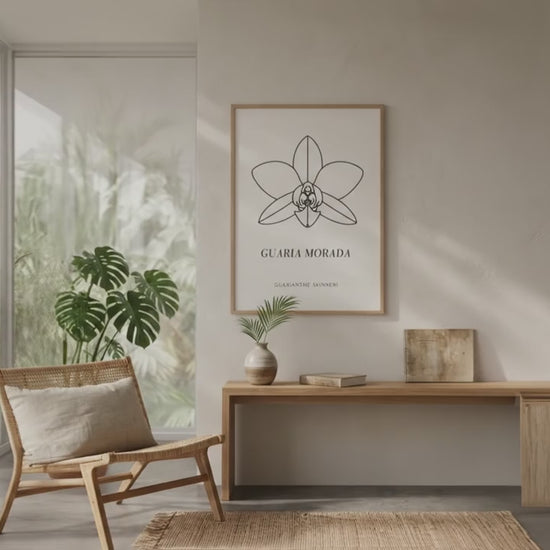 Guaria Morada botanical art print featuring Costa Rica’s national flower, Guarianthe skinneri, in a minimalist botanical wall art design.