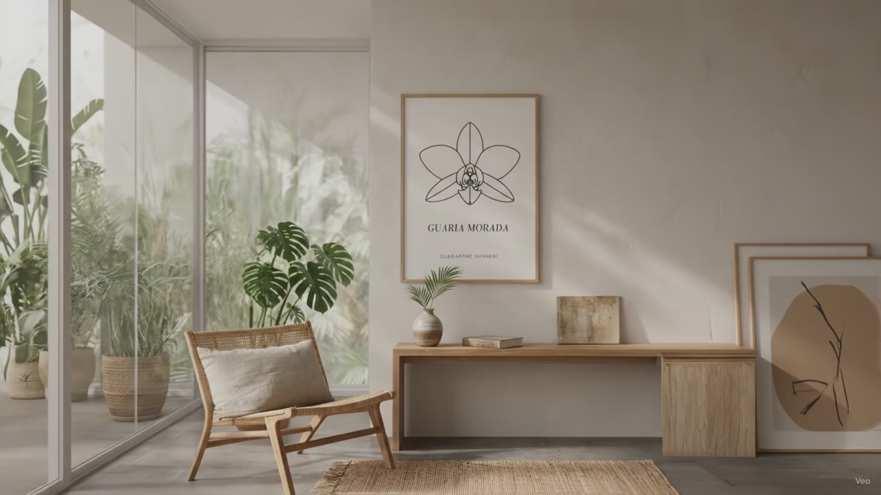 Guaria Morada botanical art print featuring Costa Rica’s national flower, Guarianthe skinneri, in a minimalist botanical wall art design.