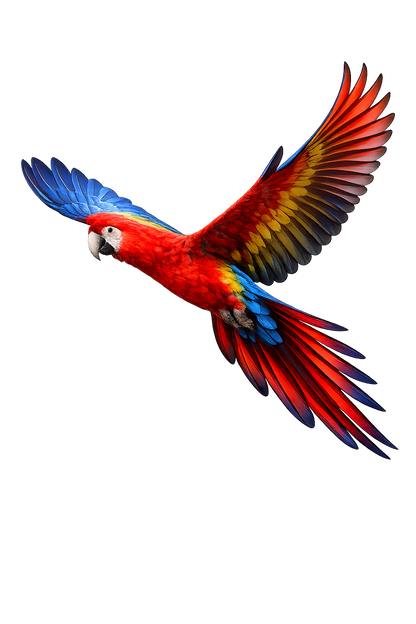 A vibrant red, blue, and yellow macaw parrot shown in flight against a solid white background.