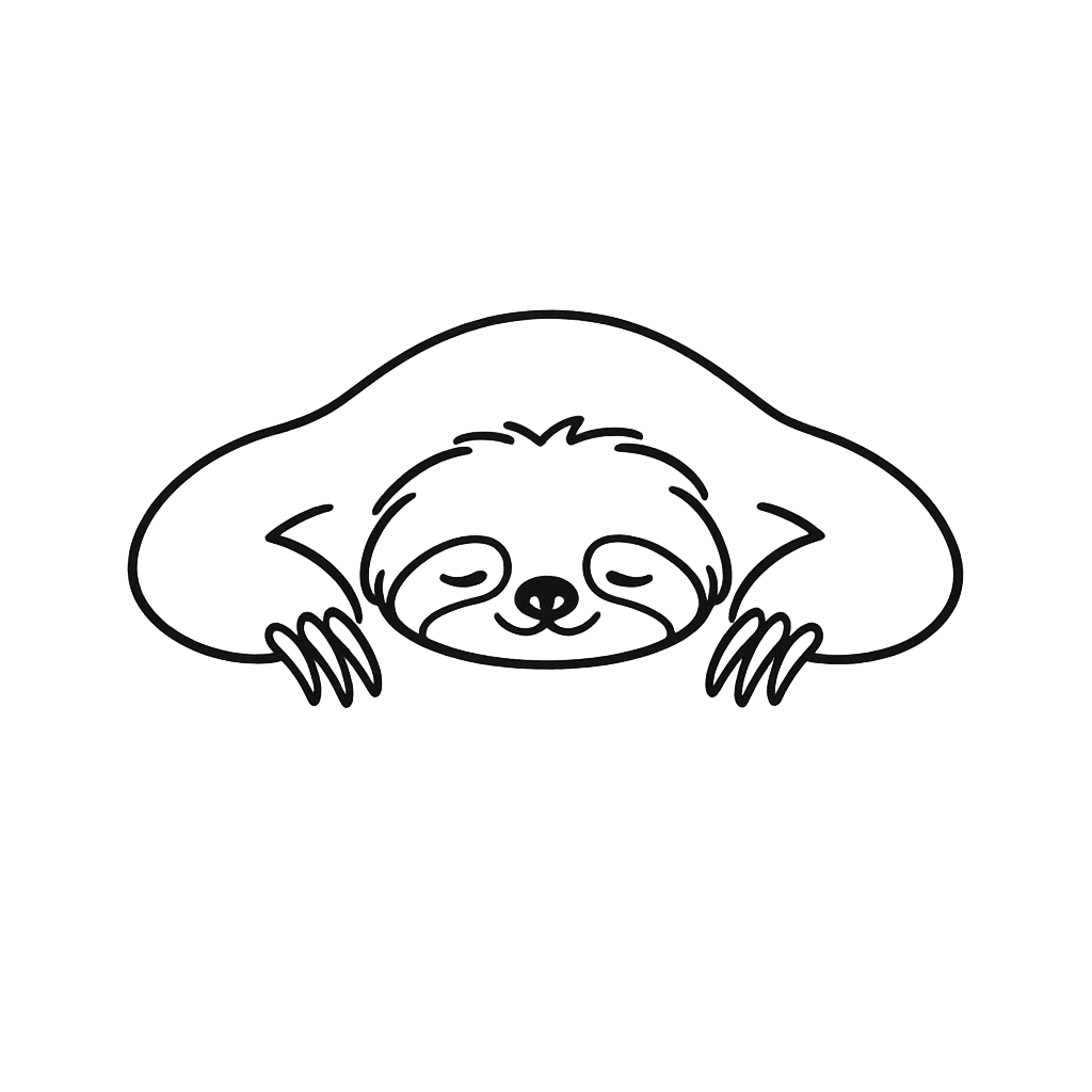 A minimalist black line art illustration of a sloth peeking over a surface, centered on a solid white background.