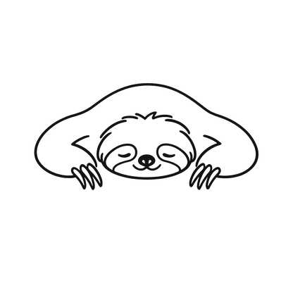 A minimalist black line art illustration of a sloth peeking over a surface, centered on a solid white background.